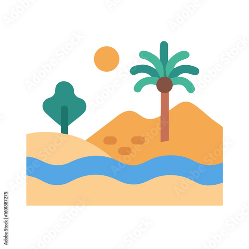 Stylized flat illustration of oasis in desert landscape