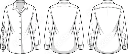 Cad drawing flat vector illustration of classic button-up shirt, long sleeve tailored blouse, collared neck design, cuffed sleeves, formal and casual wear