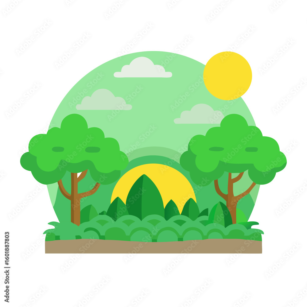 Fototapeta premium Stylized forest landscape with trees and hills illustration