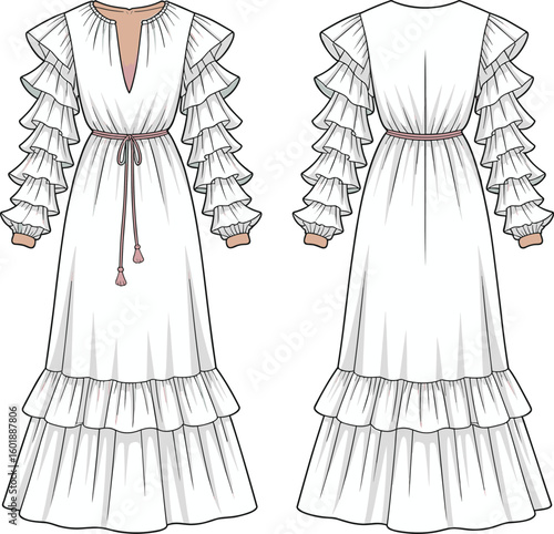 Cad drawing flat vector illustration of elegant long ruffled dress, tiered skirt design, puffed layered sleeves, cinched waist with belt, fashion garment