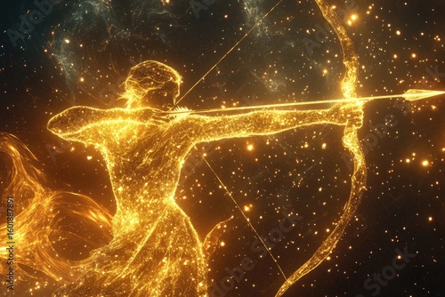Glowing celestial archer, composed of stardust, aiming a shimmering arrow with a nebula background