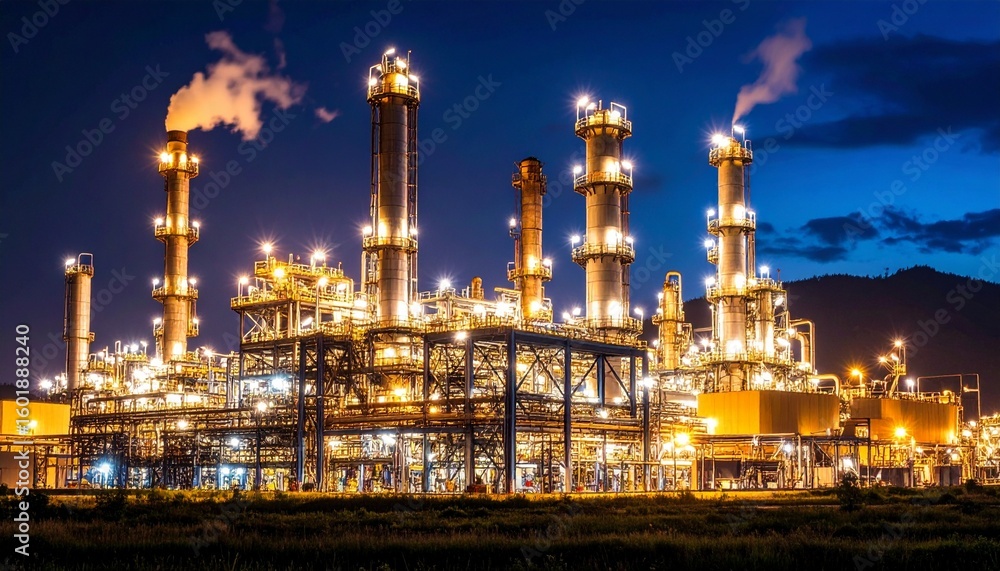Fototapeta premium Illuminated Industrial Petrochemical Plant Facility Emitting Steam Under a Dark Night Sky