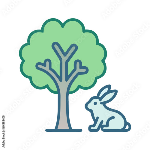 Cartoon rabbit resting under a green tree