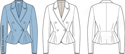 Cad drawing flat vector illustration of women's fitted blazer jacket, double-breasted buttons, tailored waist, long sleeves, lapel collar, elegant formal wear