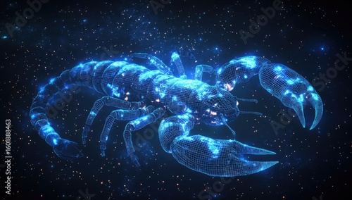 A digital illustration of a scorpion composed of luminous lines and dots, set against a starry background