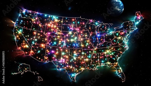 A colorful illuminated map of the USA, with glowing lights across the states against a dark space backdrop