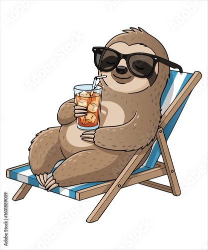 Relaxing Sloth in a Beach Chair with Iced Drink