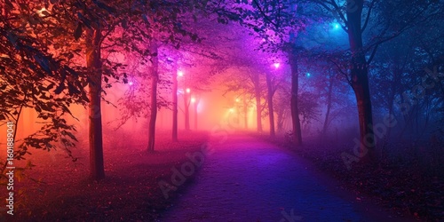 A surreal fantasy woodland where trees emit soft neon light, illuminating a misty path