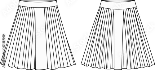 Cad drawing flat vector illustration, pleated midi skirt fashion sketch, front and back view, elegant clothing design template, classic feminine silhouette