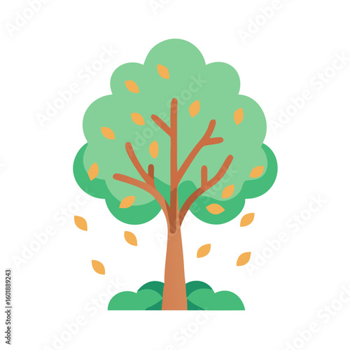 Flat design autumn tree with falling leaves graphic