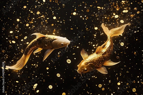 Two shimmering koi carp swim against a starry black backdrop with golden particles, creating a magical scene