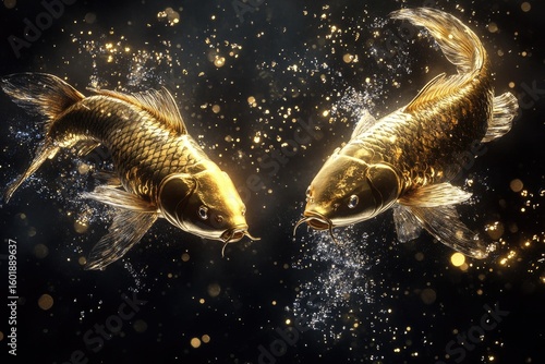 Two golden koi fish, shimmering against a dark, bokeh-filled background. Water splashes, creating a dynamic and elegant scene