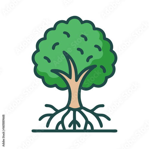 Stylized tree icon with visible roots on black