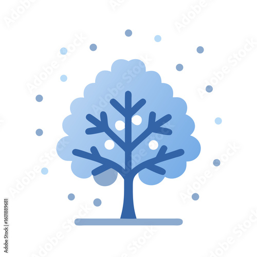 Stylized winter tree with falling snow on black background