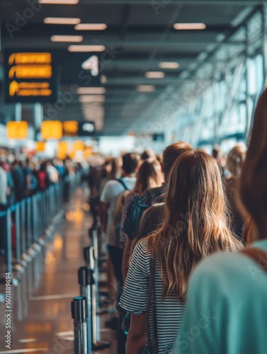 Travelers waiting in line at airport terminal busy environment people aerial view journey experience