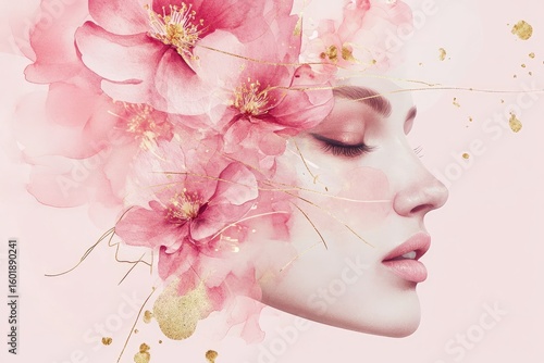 Serene profile of a woman blended with blooming pink blossoms and delicate gold accents, creating a dreamlike, artistic composition
