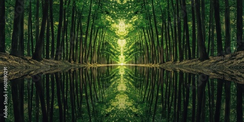 A surreal forest with infinite reflections, making it look like a never-ending maze of trees