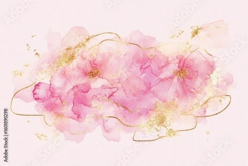 Watercolor floral arrangement, blossoms in pink hues with gold accents, creating an artistic and elegant design