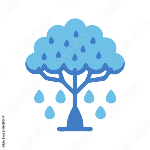 Blue tree with raindrops illustration on black background