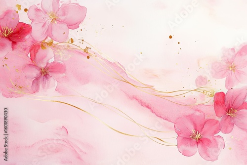 Delicate watercolor background featuring pink flowers with golden accents and flowing lines. Light, airy aesthetic