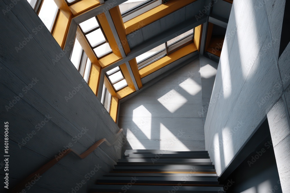 Obraz premium Loft with rotating sun reflector panels, metallic accents catching directional light from angled skylight, creating complex dynamic shadows,