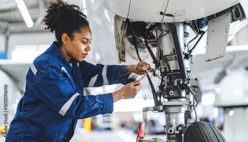 Woman mechanic working on airplane landing gear