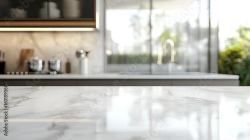 Modern Marble Kitchen with Blurred Background: A contemporary marble countertop in a modern kitchen, showcasing the clean lines, natural textures and soft, natural light.
