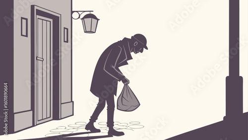 Homeless Man Walking with Bag in Dark City Alley – Vector Illustration