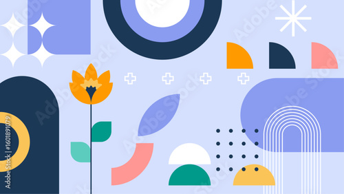 Abstract art with geometric shapes, a flower, pastel colors. Suitable for designs needing a soft and modern aesthetic. Great for digital backgrounds and prints.