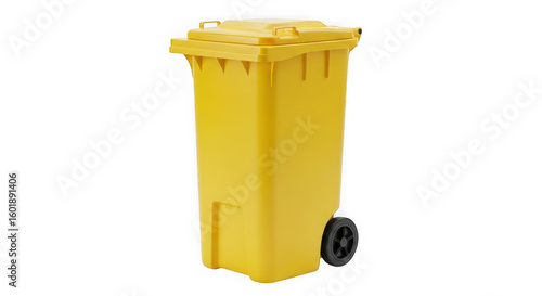 A yellow wheelie bin for waste collection isolated on transparent background
