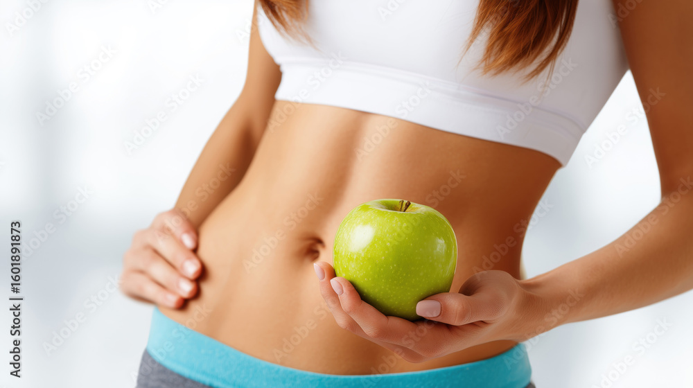 Woman in white top holding fresh green apple near slim waist Woman in white top holding fresh green apple near slim waist