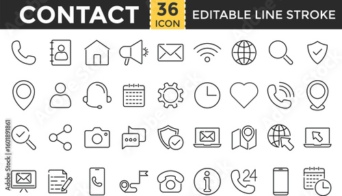 Princontact line icon set. Contact outline icons collection. Pixel Perfect and Editable Stroke. Globe, Location, wifi, call, Support, clock, Telephone, eMail, Feedback, Message symbol and more.