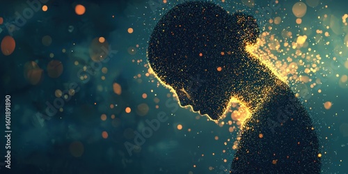 A surreal image of a person slowly breaking apart into tiny glowing pixels