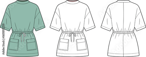 Casual drawstring waist tunic, short sleeve pocket dress, loose fit fashion top, modern style garment, cad drawing flat vector illustration