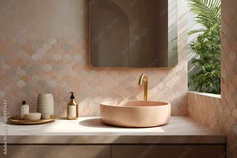 Fototapeta premium Matte coral bathroom with scalloped tile pattern and brass detailing, golden hour sunlight entering narrow slit window casting bold