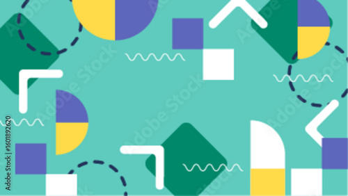Abstract teal background with colorful geometric shapes is great for modern design projects, digital backgrounds, presentations, and artistic creations.