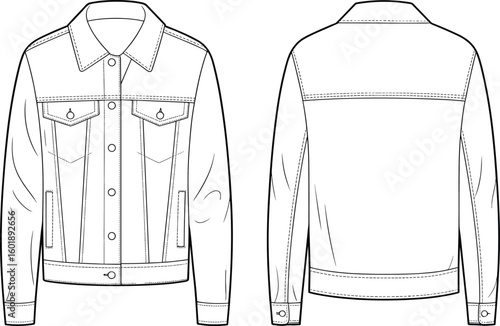 Classic denim jacket front and back view, fashion flat sketch, unisex casual outerwear, technical line drawing, vector template design