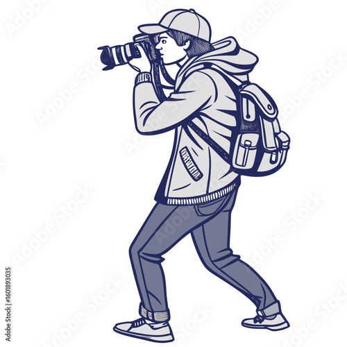 An isolated vector illustration of a photographer with a camera taking a picture.