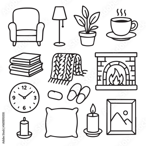 Cozy home icons for relaxation, comfort, and hygge lifestyle