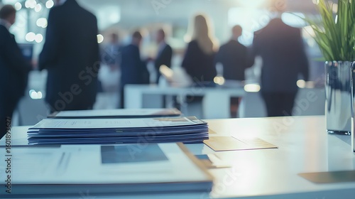 Conference Papers in Modern Business setting: A modern, dynamic office environment, where sharp documents and a gentle focus enhance the energy and collaboration of business. 