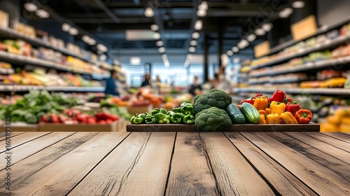 Aisle of Abundance: Fresh produce awaits in a bright supermarket, creating a colorful tapestry of textures and tastes.  A wooden table in front of the supermarket with out of focus backdrop .
