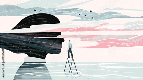 Mindfulness and self-analysis, flat vector illustration. Man exploring large mother figure. Childhood trauma concept in psychotherapy, dreams, freedom, loneliness psychoanalysis.