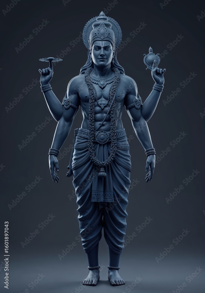 Fototapeta premium A fourarmed hindu god vishnu statue stands gracefully embodying spiritual