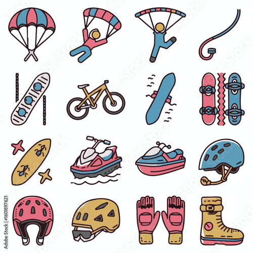 Dynamic collection of extreme sports gear and adventure activities icons