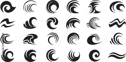 Twenty Four Abstract Black Wave Icons Minimalist Style Wave Symbols Set Graphic Design Elements