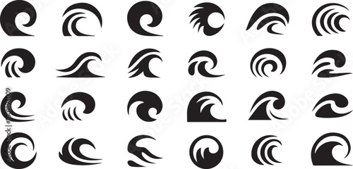 Twenty Four Black Minimalist Wave Icons Set Abstract Ocean Wave Symbols Vector Graphics Design Elements