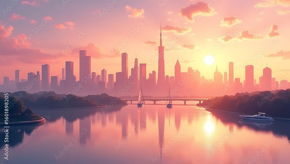 Fototapeta premium A peaceful city skyline bathed in golden sunlight, just moments after sunrise. Skyscrapers stretch into the warm sky, and their silhouettes are mirrored flawlessly in a tranquil river.