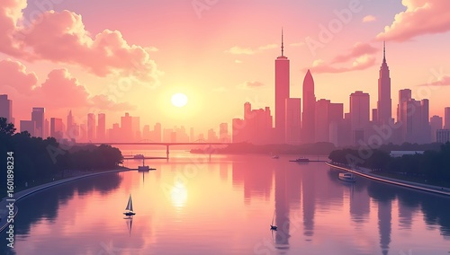 A peaceful city skyline bathed in golden sunlight, just moments after sunrise. Skyscrapers stretch into the warm sky, and their silhouettes are mirrored flawlessly in a tranquil river.

