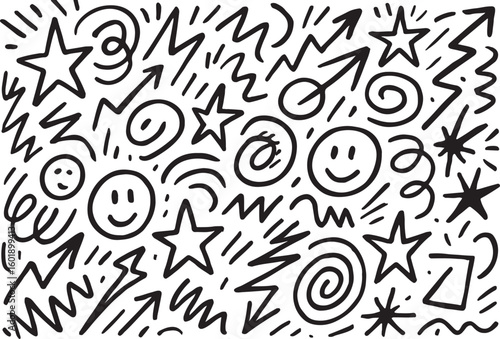 Black and white doodle pattern with stars smiley faces and arrows