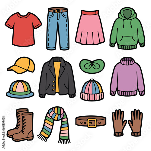 Colorful collection of casual clothing and accessories for everyday wear